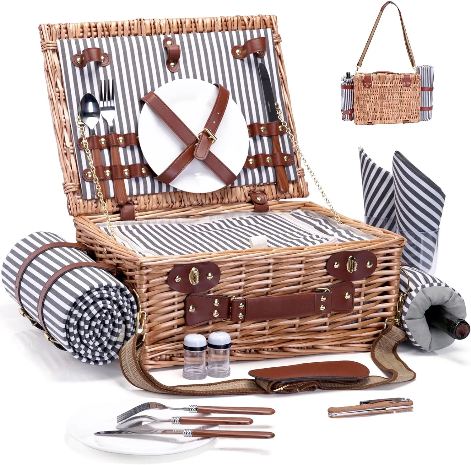 Picnic Basket with Blanket and Wine Pouch