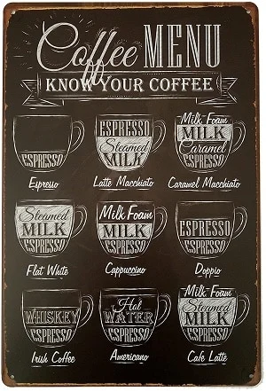 ERLOOD Coffee Menu Know Your Coffee Tin Sign