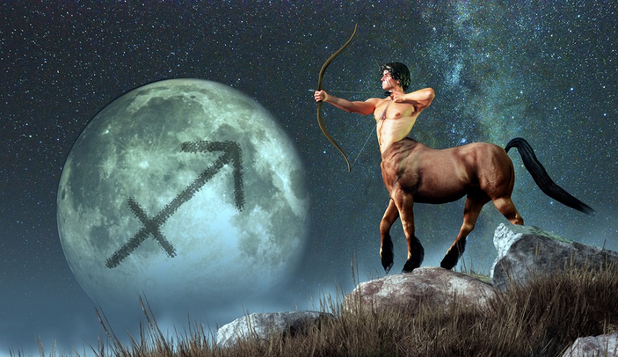 Sagittarius zodiac sign symbol on a moon in the background and a cantaur holding a bow and arrow in the near ground