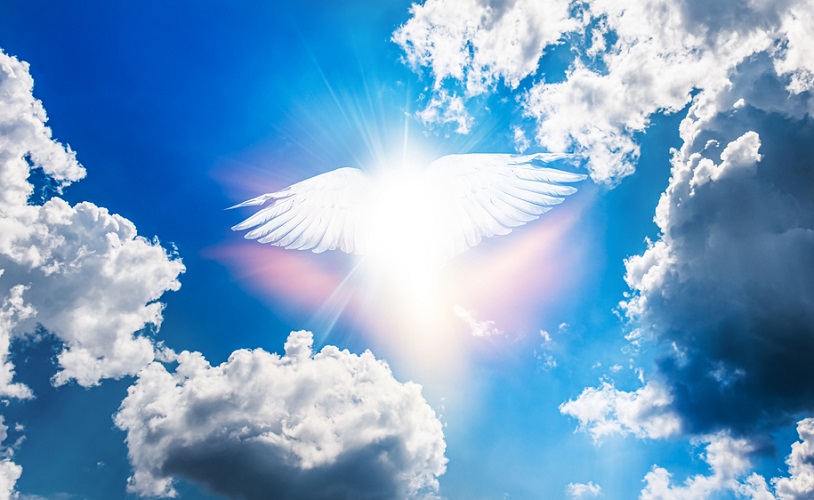 Angel wings in a cloudy blue sky