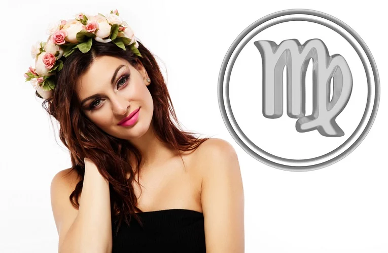Woman with a rose crown on with the Virgo zodiac sign symbol on the right
