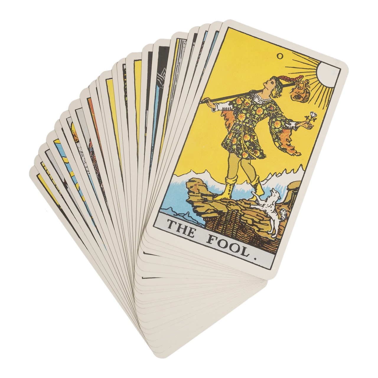 Rider-Waite Tarot cards deck with the first card, The Fool (0) showing